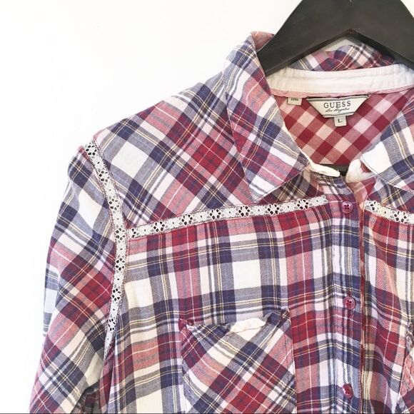 Guess Red Plaid Lace Detail Button Down Long Sleeve Shirt - Picture 3 of 6